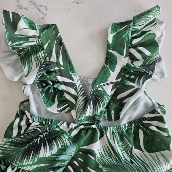 Tropical Print Montesera Print Ruffle Baby One Piece Swim Suit - Picture 9 of 11